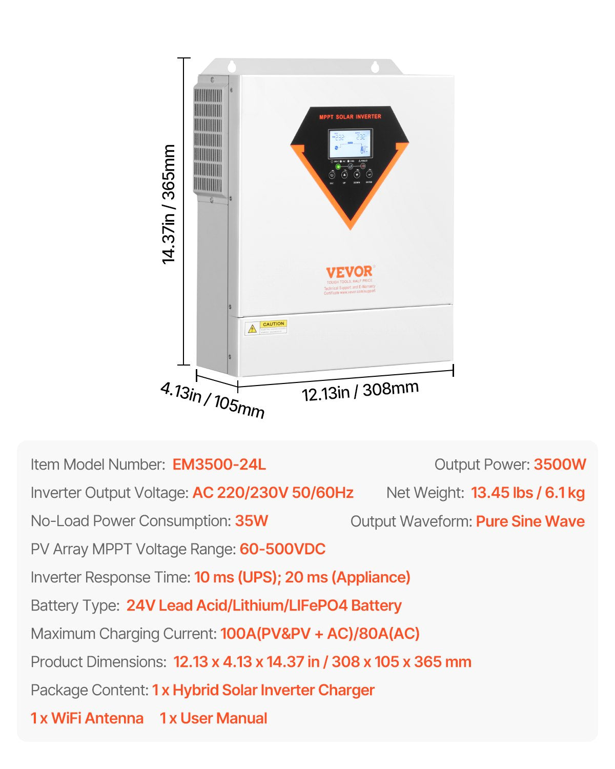 Hibridinis saulės inverteris VEVOR EM3500-24L, 3500W