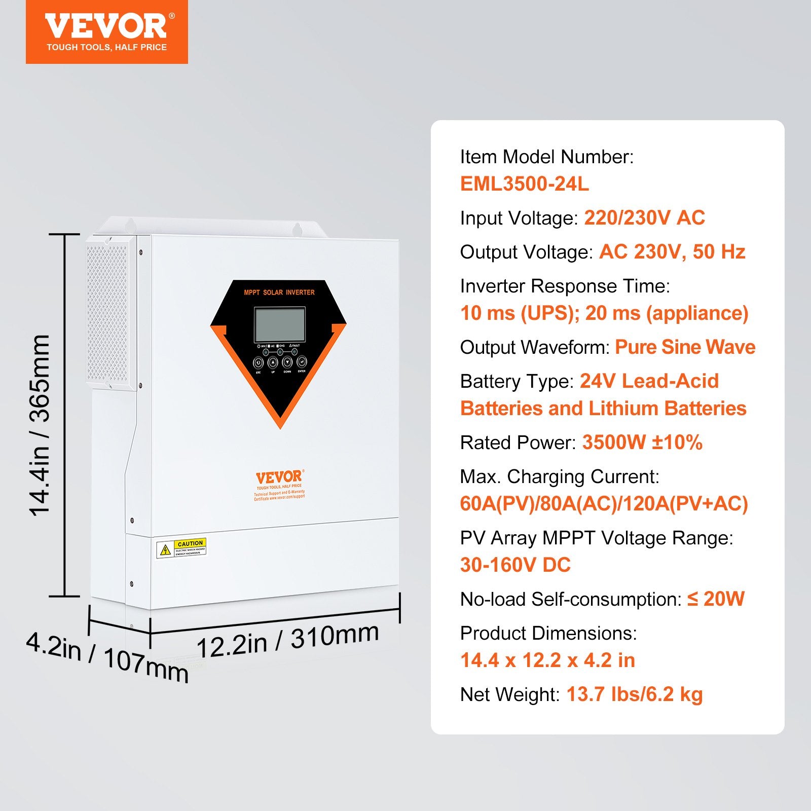 Hibridinis saulės inverteris VEVOR EML3500-24L, 3500W