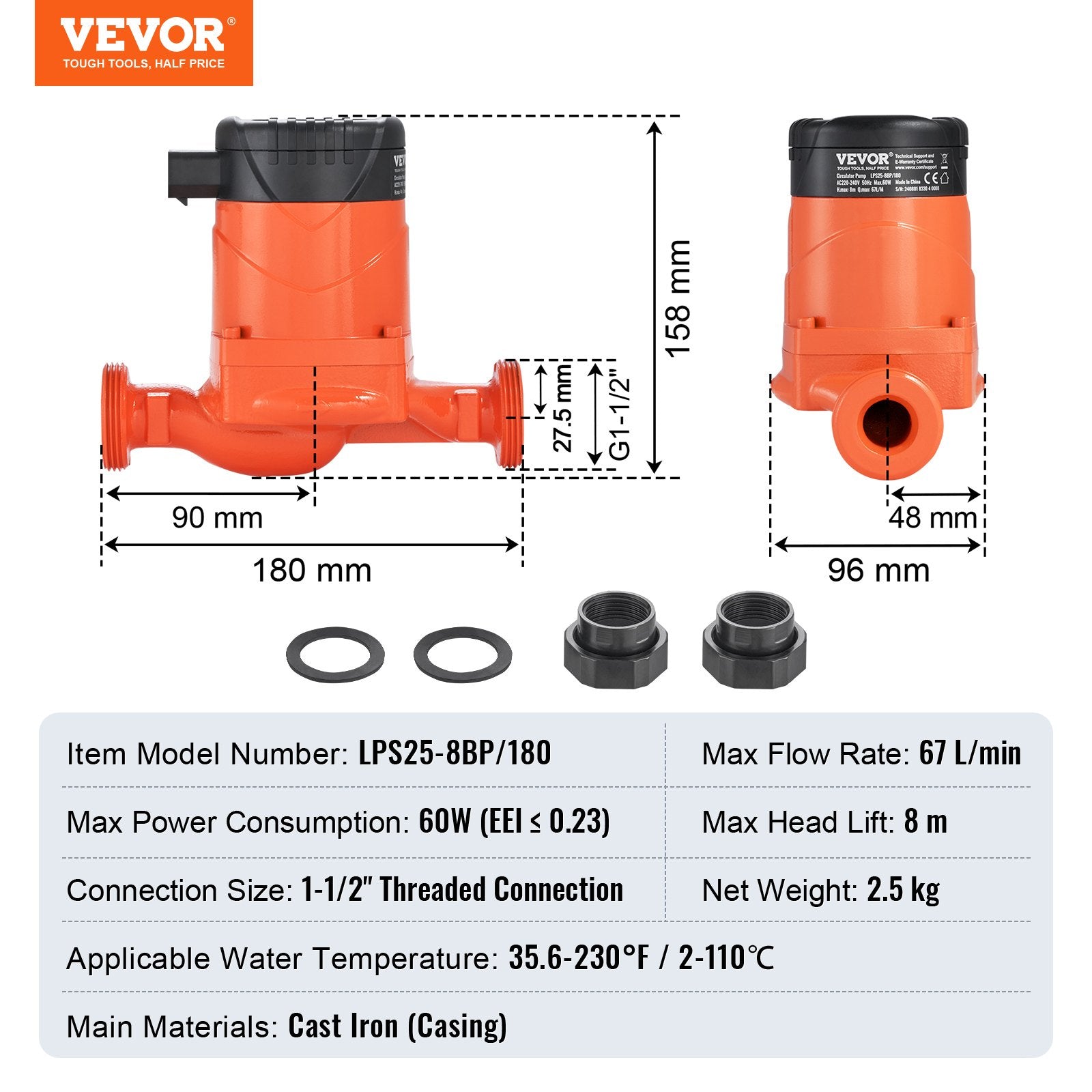 Karšto vandens cirkuliacinis siurblys VEVOR LPS25-8BP-180, 60 W