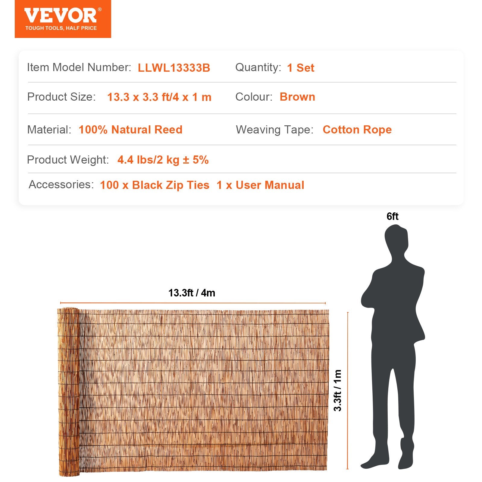Nendrinė tvora VEVOR LLWL13333B, 1 x 4 m