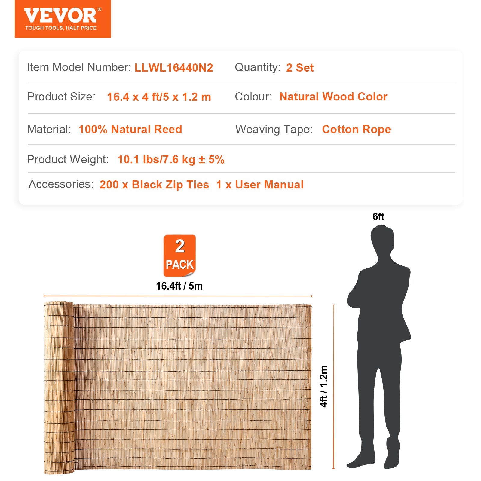 Nendrinė tvora VEVOR LLWL16440N2, 1,2 x 5 m (2 vnt.)
