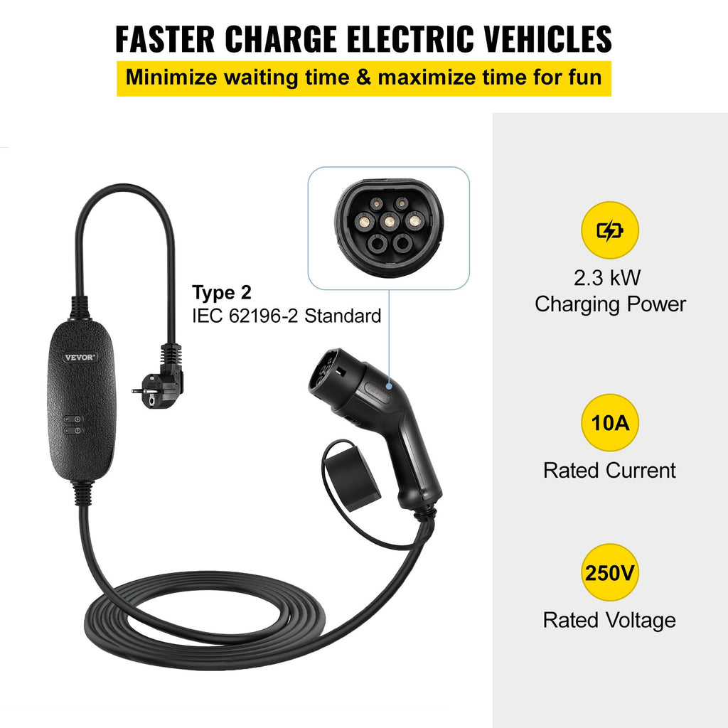 Nešiojamas elektromobilių įkroviklis VEVOR CDQ 2.3KW10A, Type 2, 2.3 kW