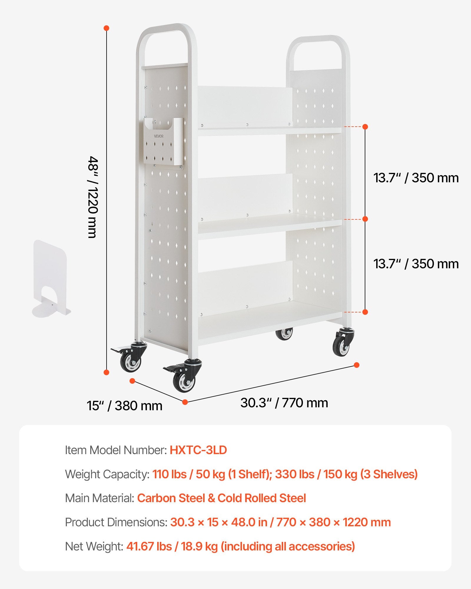 Bibliotekos vežimėlis knygoms VEVOR HXTC-3LD, 150 kg keliamoji galia