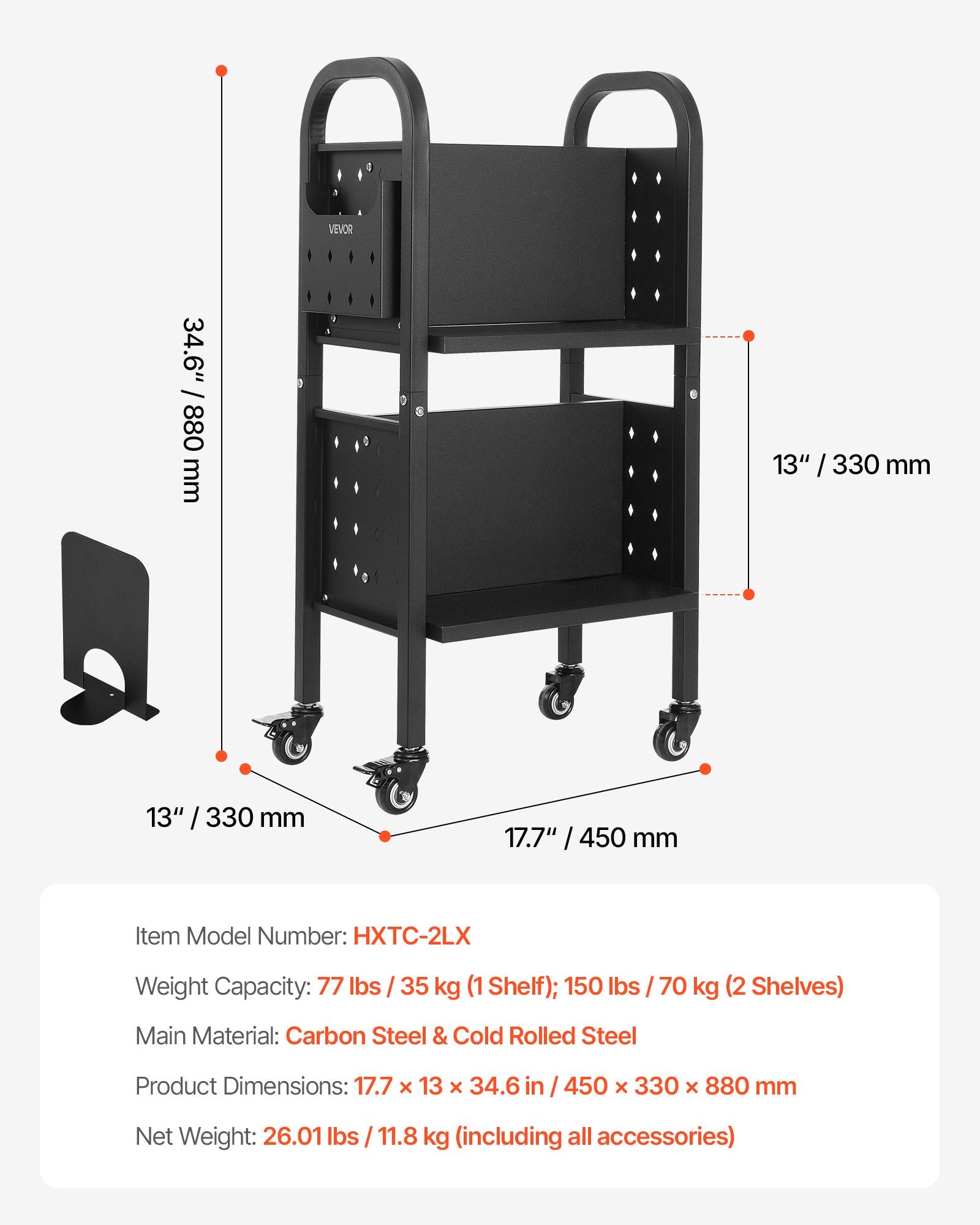 Knygų vežimėlis VEVOR HXTC-2LX, 70 kg keliamoji galia