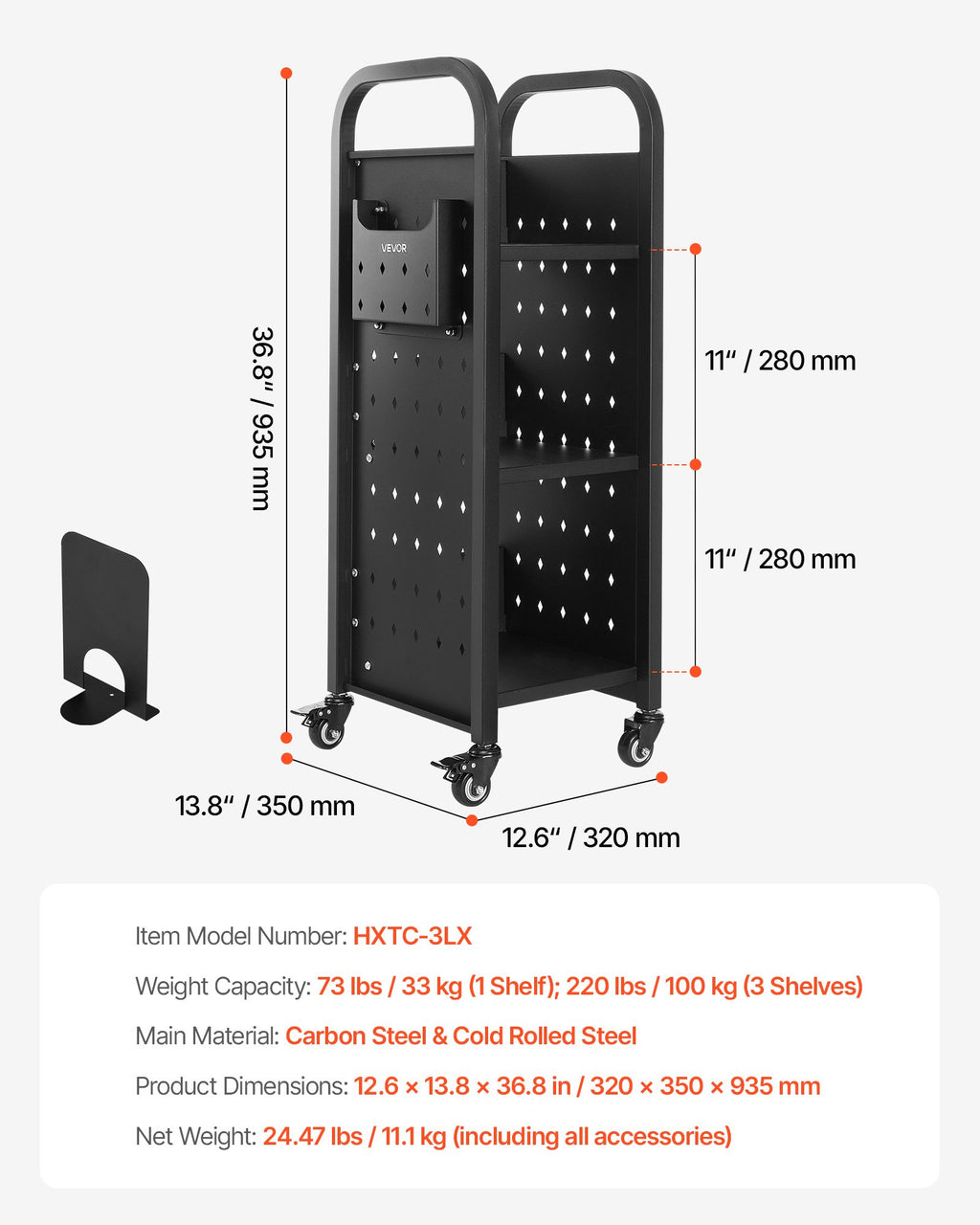 Knygų vežimėlis VEVOR HXTC-3LX, 100 kg keliamoji galia