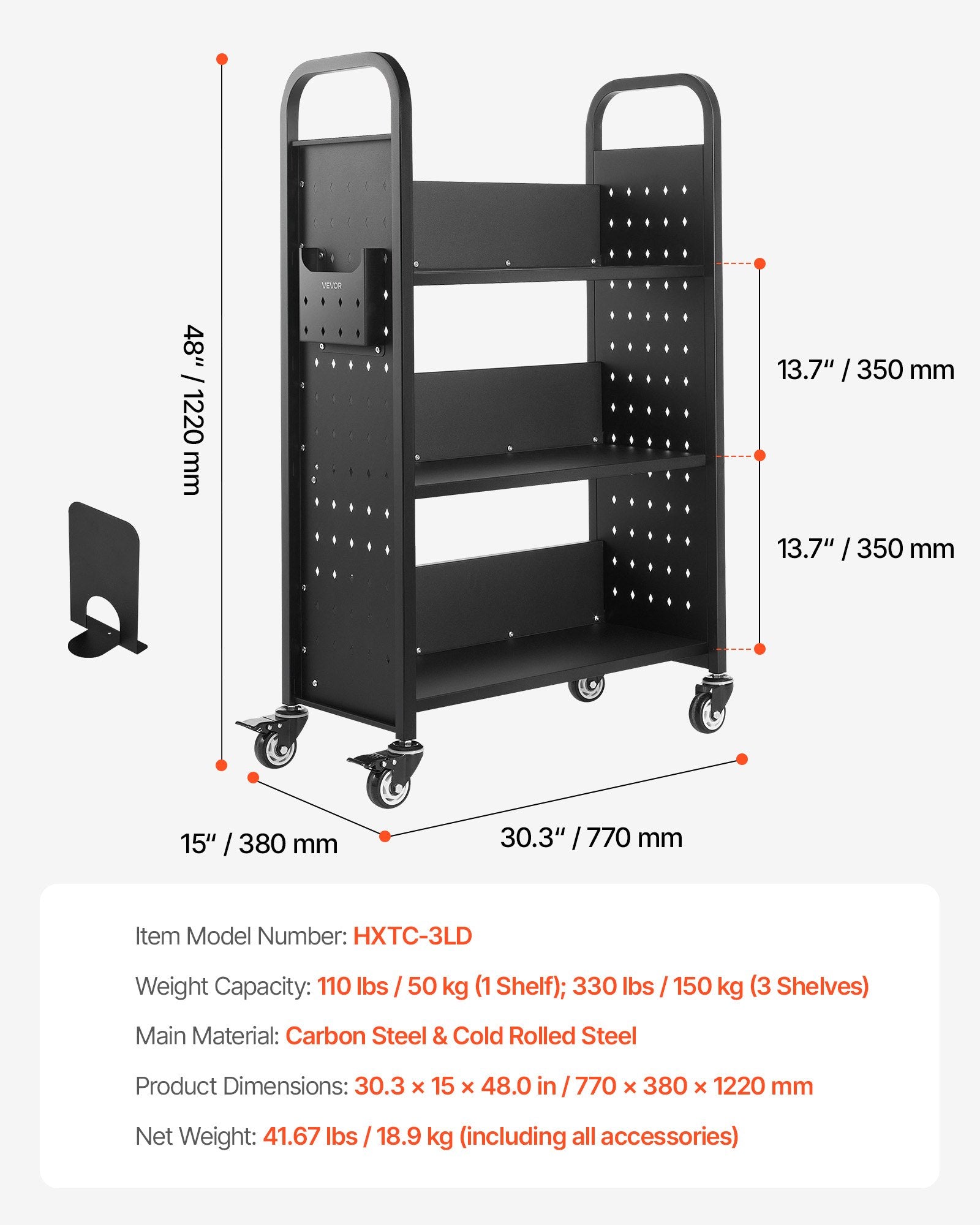 Knygų vežimėlis VEVOR HXTC-3LD, 150 kg keliamoji galia