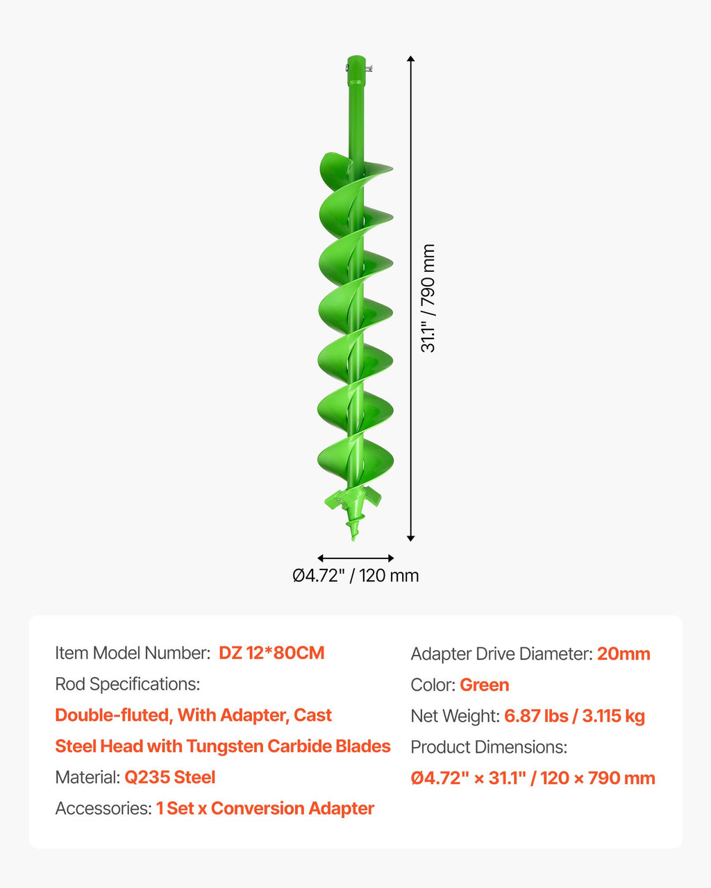 Grąžtas žemei VEVOR DZ 12*80CM, 120 x 790 mm