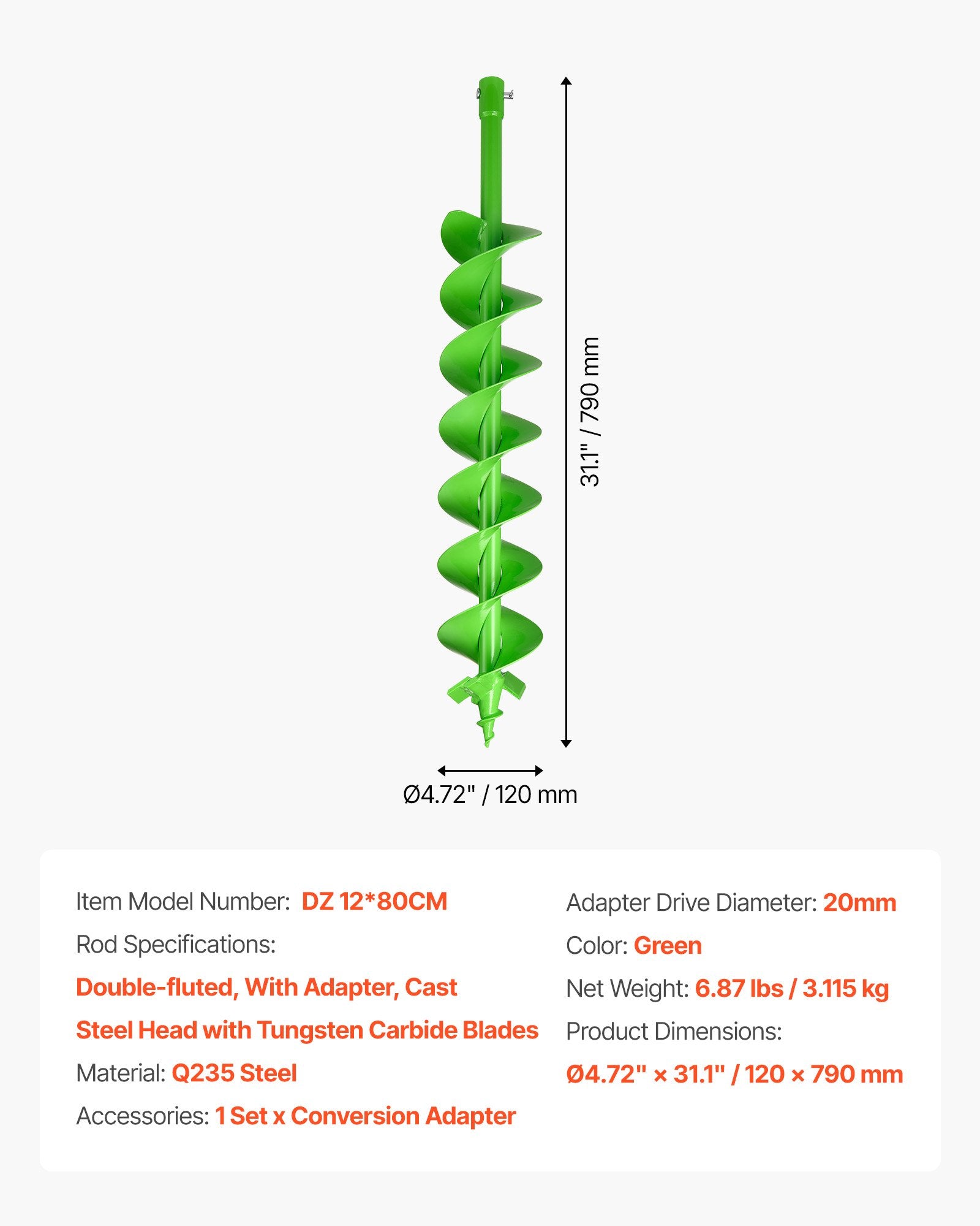 Grąžtas žemei VEVOR DZ 12*80CM, 120 x 790 mm