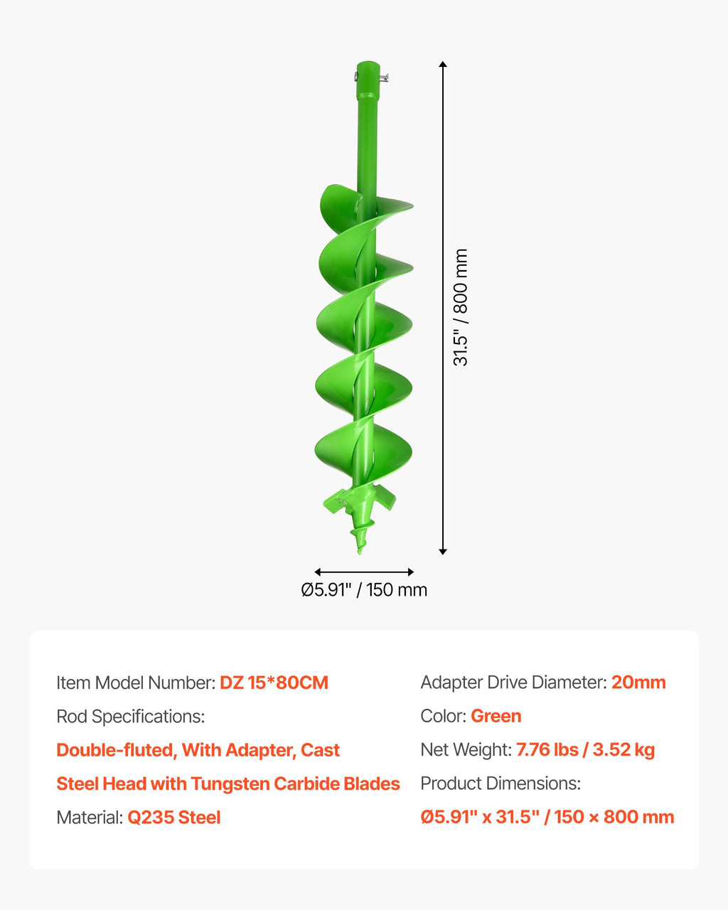 Žemės grąžtas VEVOR DZ 15*80CM, 150 x 800 mm