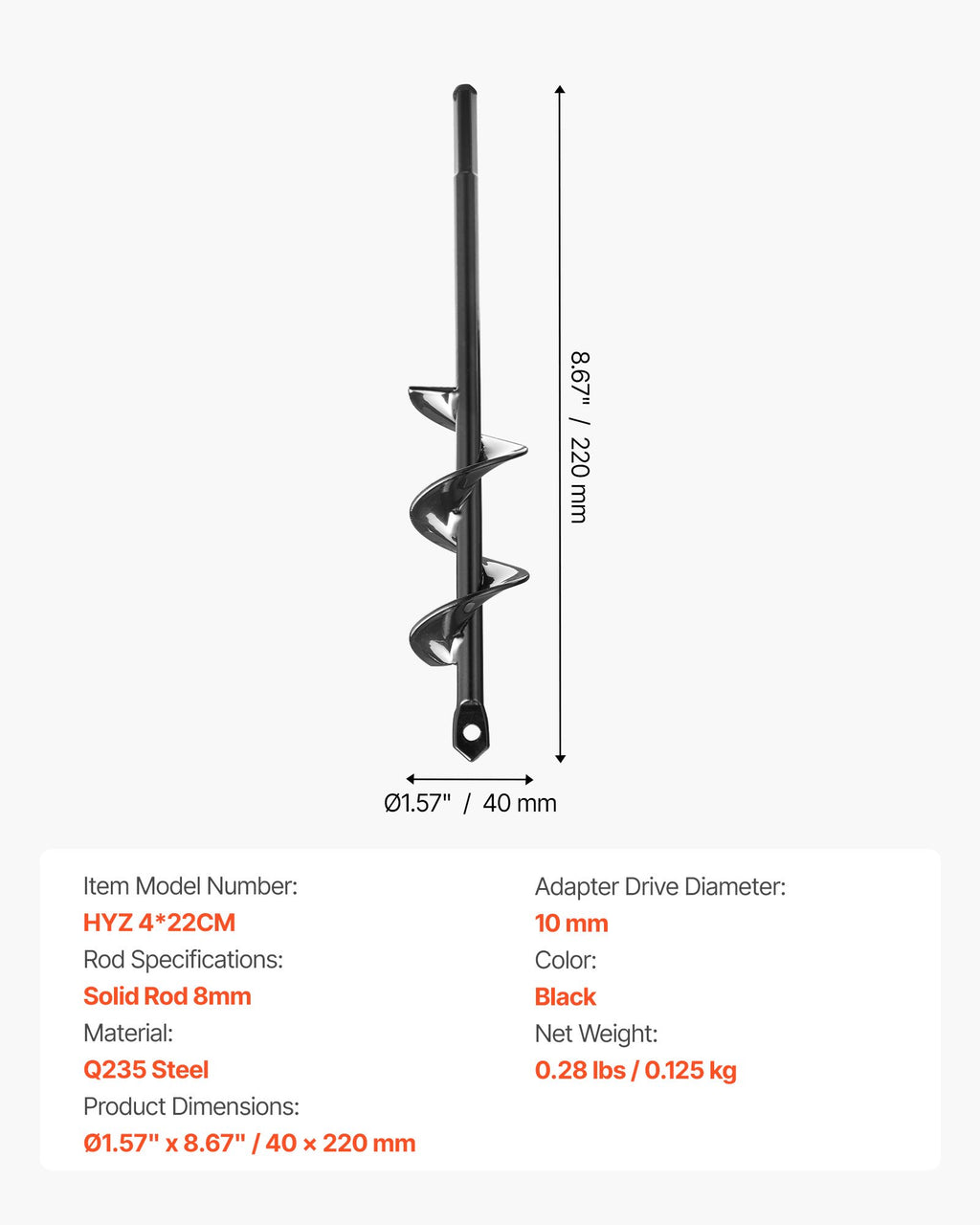 Sraigtinis grąžtas žemei VEVOR HYZ 4*22CM, 40 x 220 mm