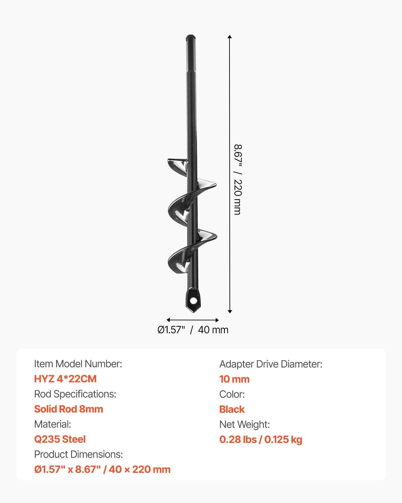 Sraigtinis grąžtas žemei VEVOR HYZ 4*22CM, 40 x 220 mm