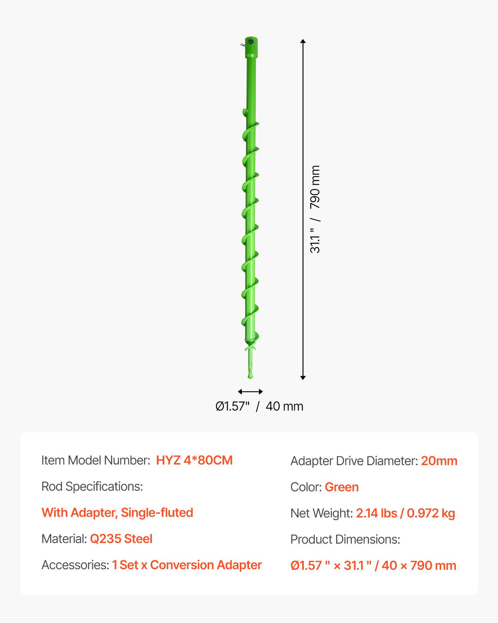 Grąžtas žemei VEVOR HYZ 4*80CM, 40 x 800 mm