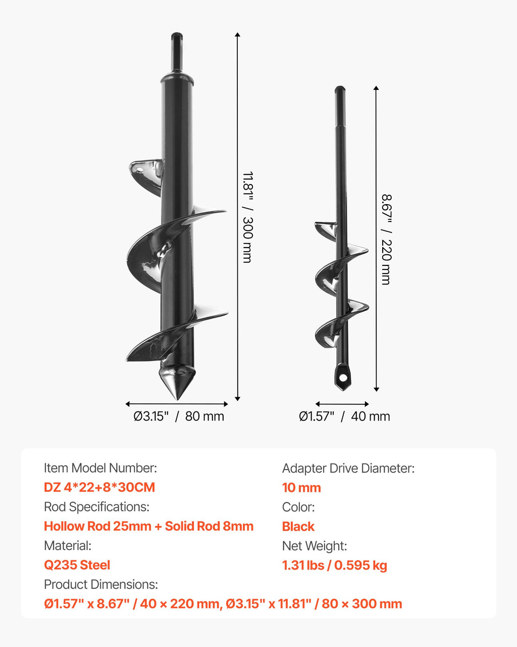 Sraigtinių grąžtų rinkinys sodinimui VEVOR DZ 4*22+8*30CM, 2 vnt.