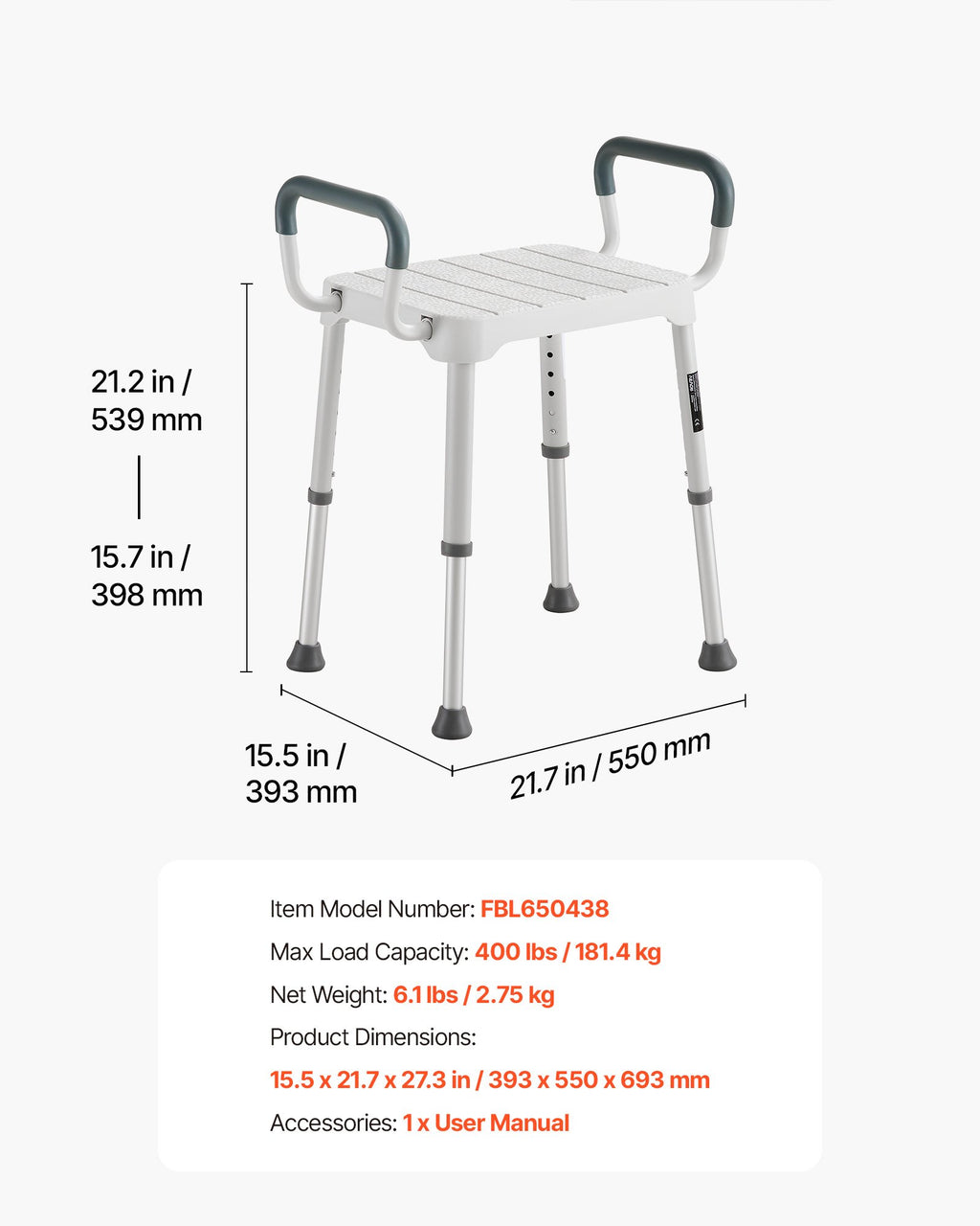 Dušo kėdė VEVOR FBL650438, 181 kg keliamoji galia