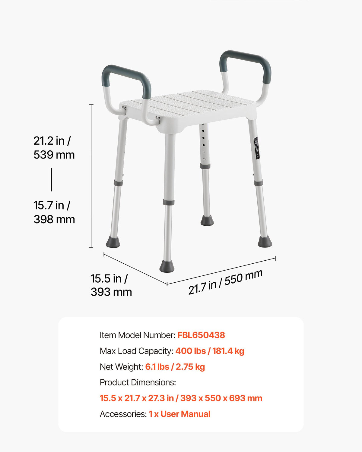 Dušo kėdė VEVOR FBL650438, 181 kg keliamoji galia