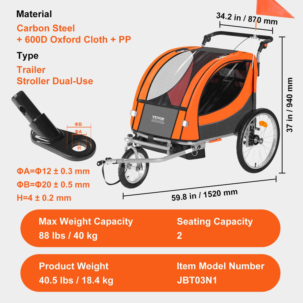 Dviračio priekaba-vežimėlis VEVOR JBT03N1, 40 kg apkrova