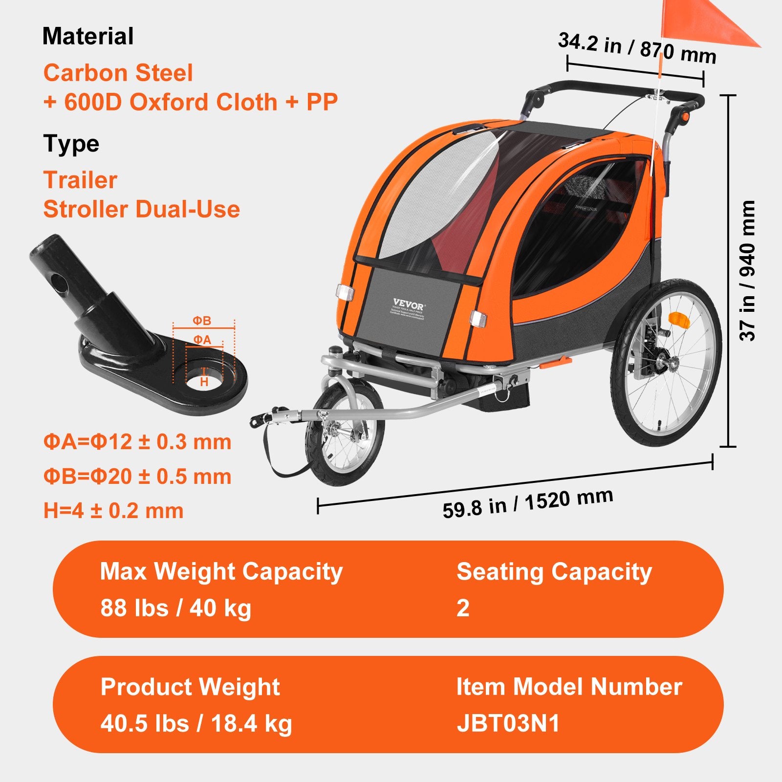 Dviračio priekaba-vežimėlis VEVOR JBT03N1, 40 kg apkrova