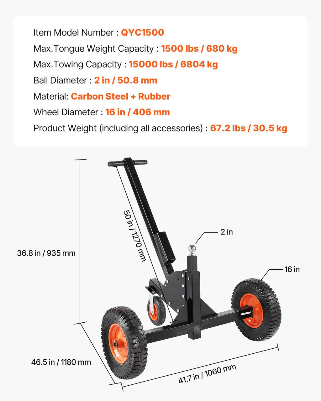 Priekabos perstūmimo vežimėlis VEVOR QYC1500, 680 kg keliamoji galia