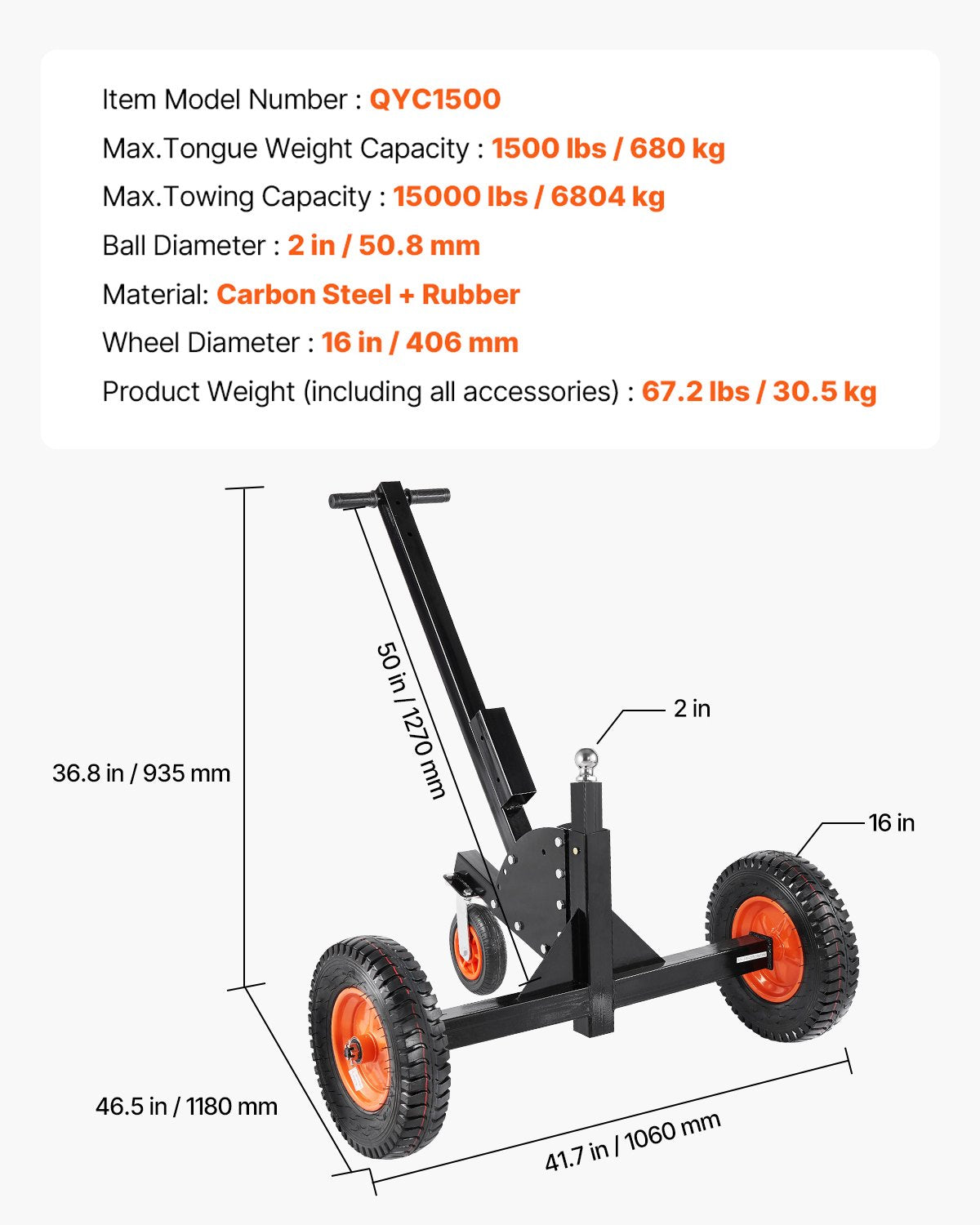 Priekabos perstūmimo vežimėlis VEVOR QYC1500, 680 kg keliamoji galia