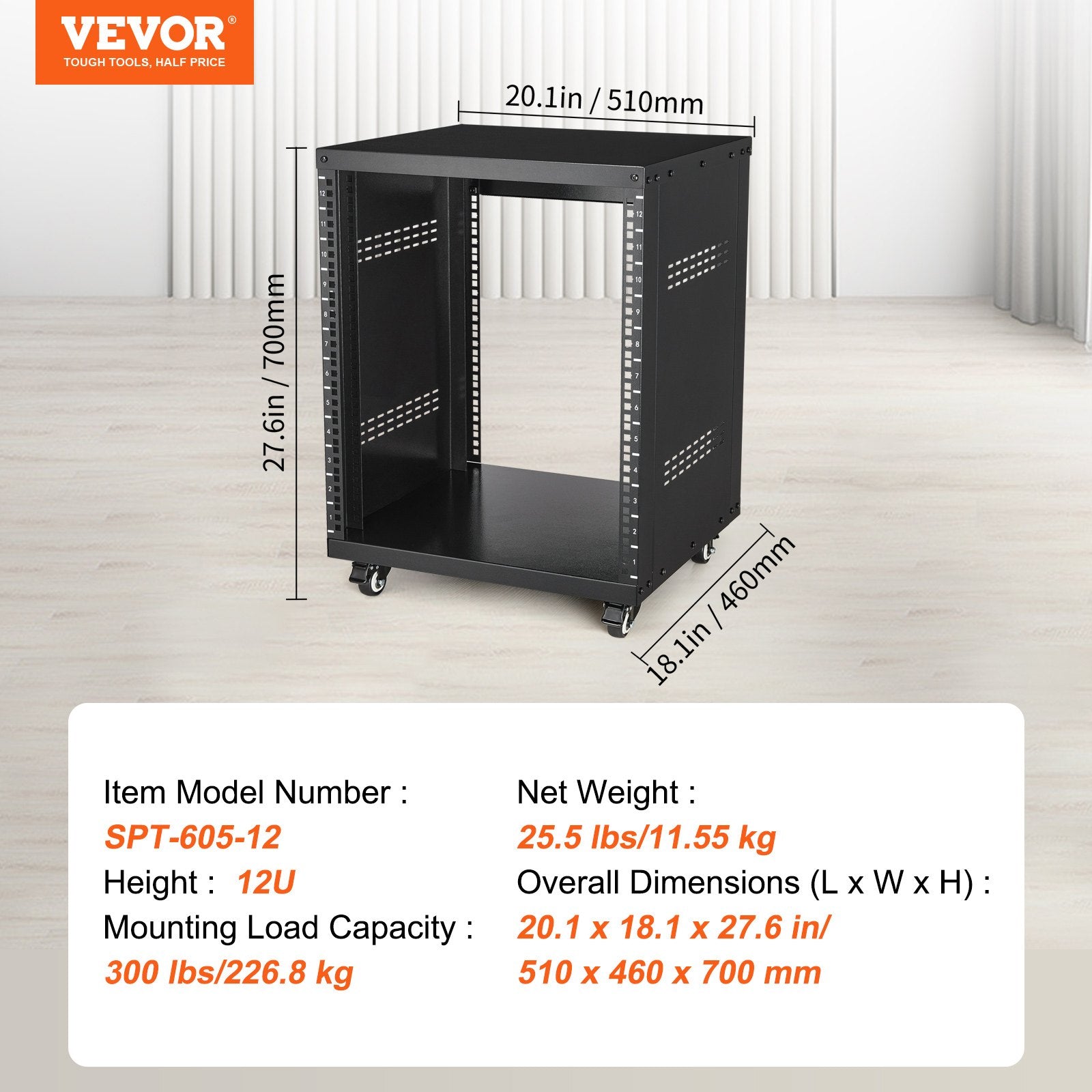 12U AV įrangos stovas VEVOR SPT-605-12, 226,8 kg keliamoji galia