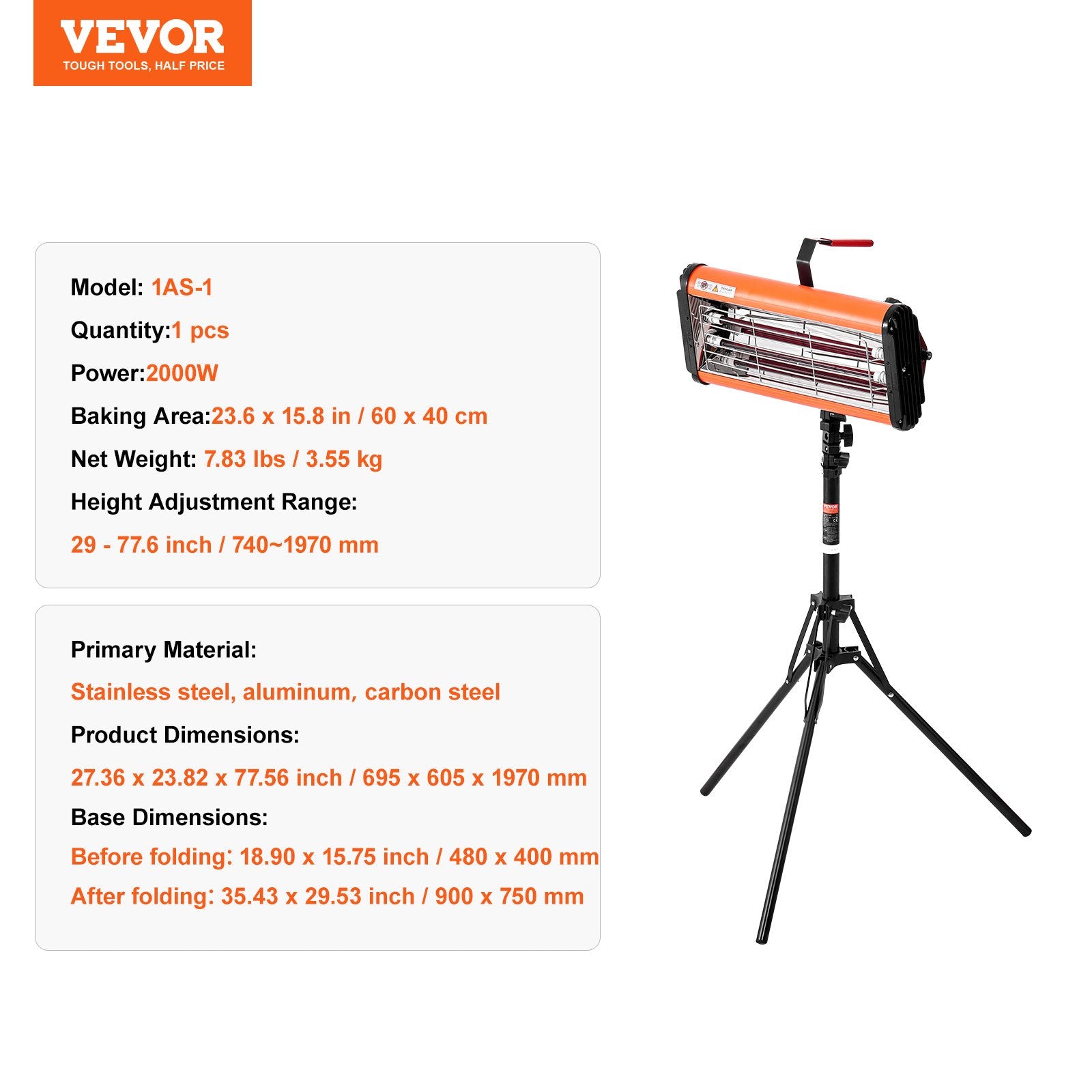 Infraraudonųjų spindulių džiovinimo lempa VEVOR 1AS-1, 2000W