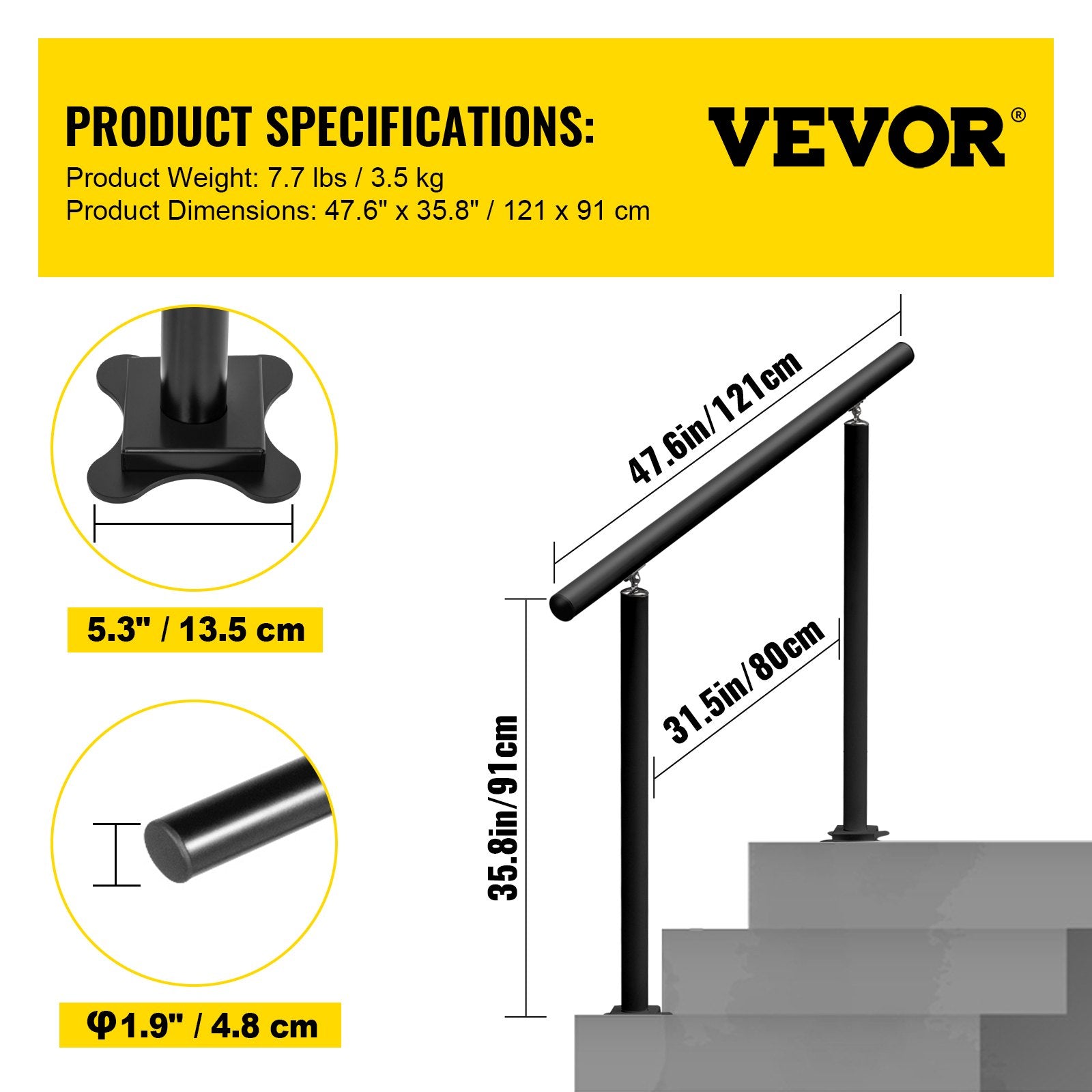 Lauko laiptų turėklas VEVOR LZHS-4FT, 121 cm ilgio