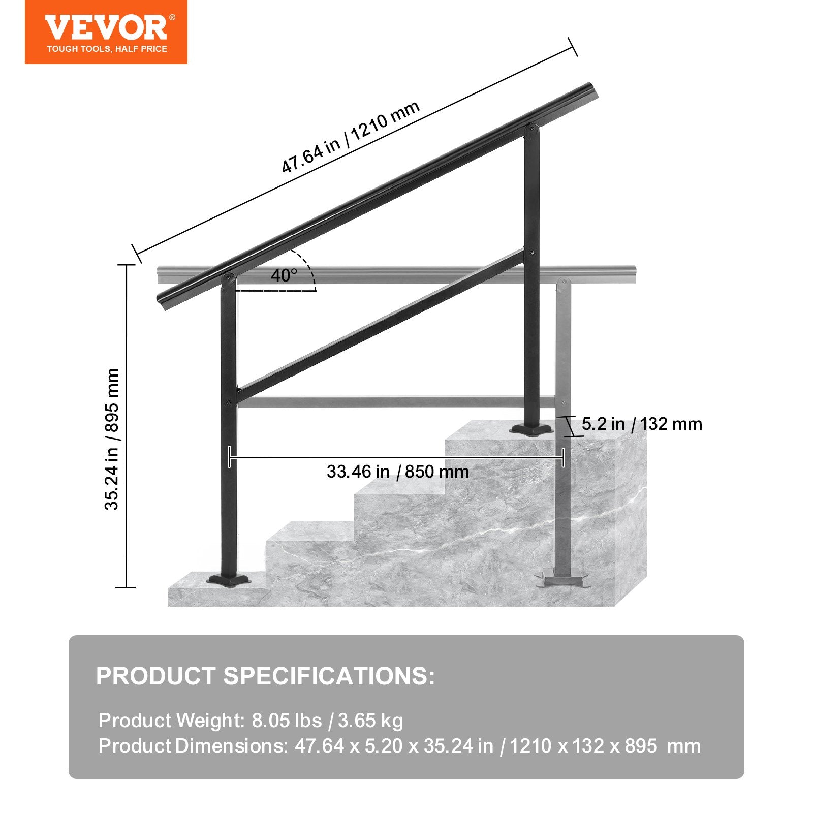 Lauko laiptų turėklas VEVOR LZHG-KT, 121 x 89,5 cm