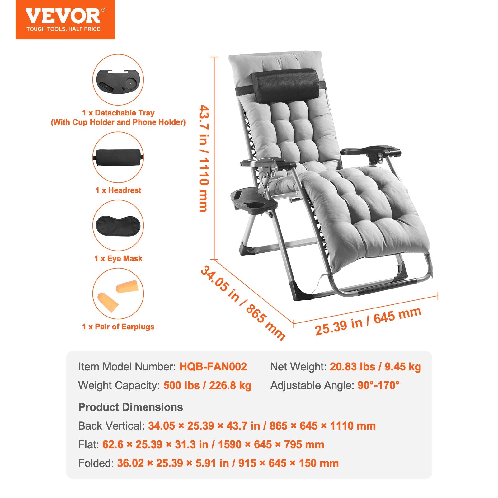 Nulinės gravitacijos kėdė VEVOR HQB-FAN002, 226,8 kg apkrova