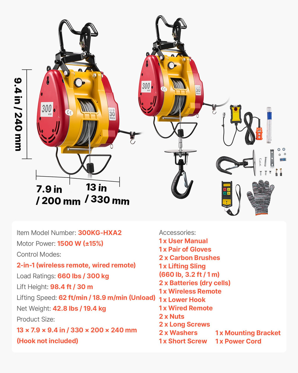 Elektrinė gervė-keltuvas VEVOR 300KG-HXA2, 300 kg keliamoji galia