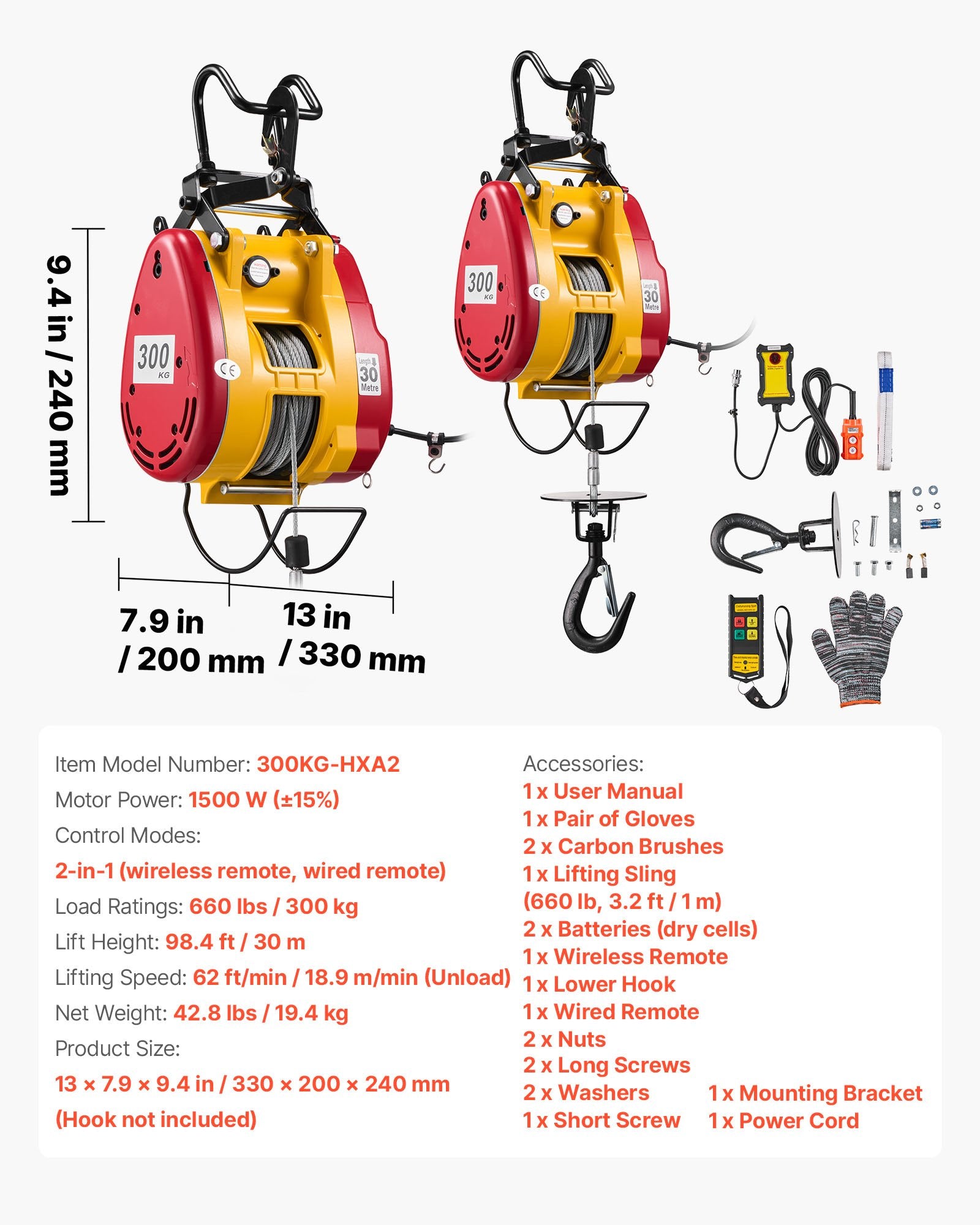Elektrinė gervė-keltuvas VEVOR 300KG-HXA2, 300 kg keliamoji galia