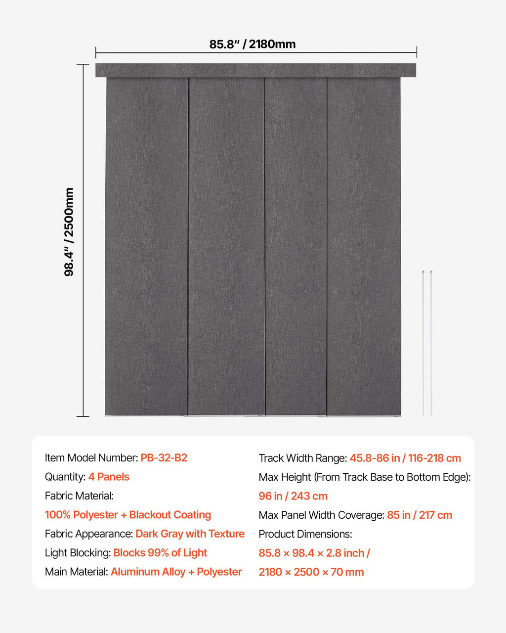 Panelinių užuolaidų sistema VEVOR PB-32-B2, 116–218 cm plotis