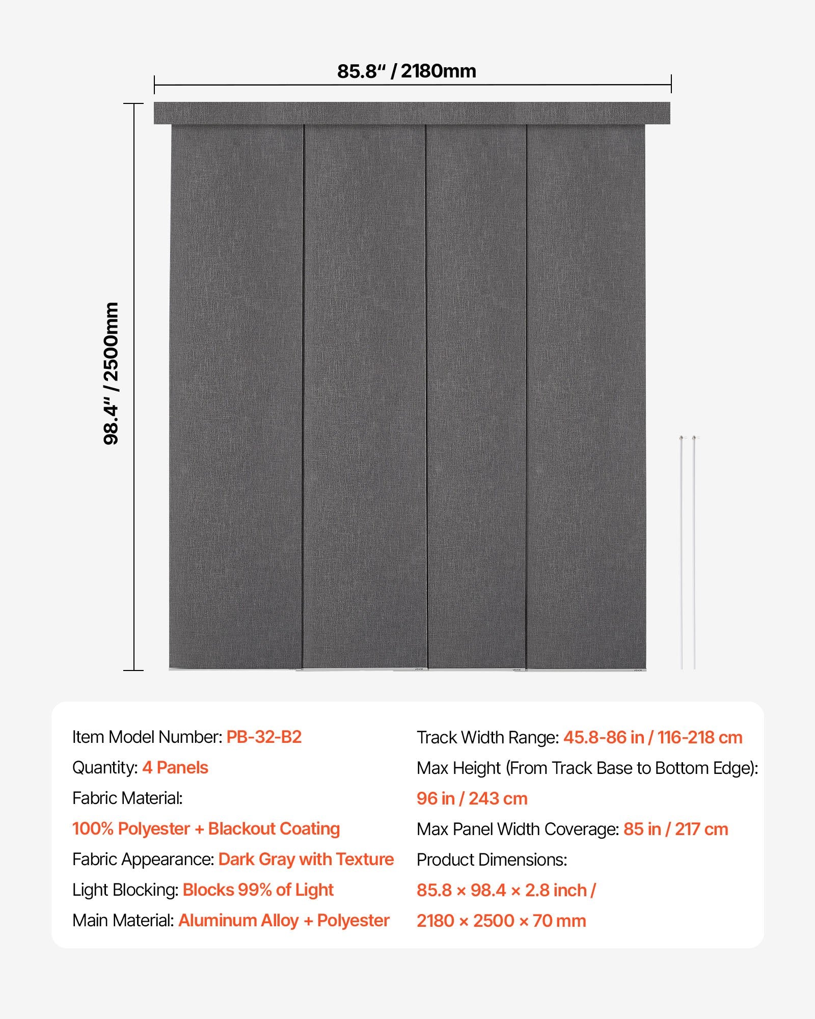 Panelinių užuolaidų sistema VEVOR PB-32-B2, 116–218 cm plotis