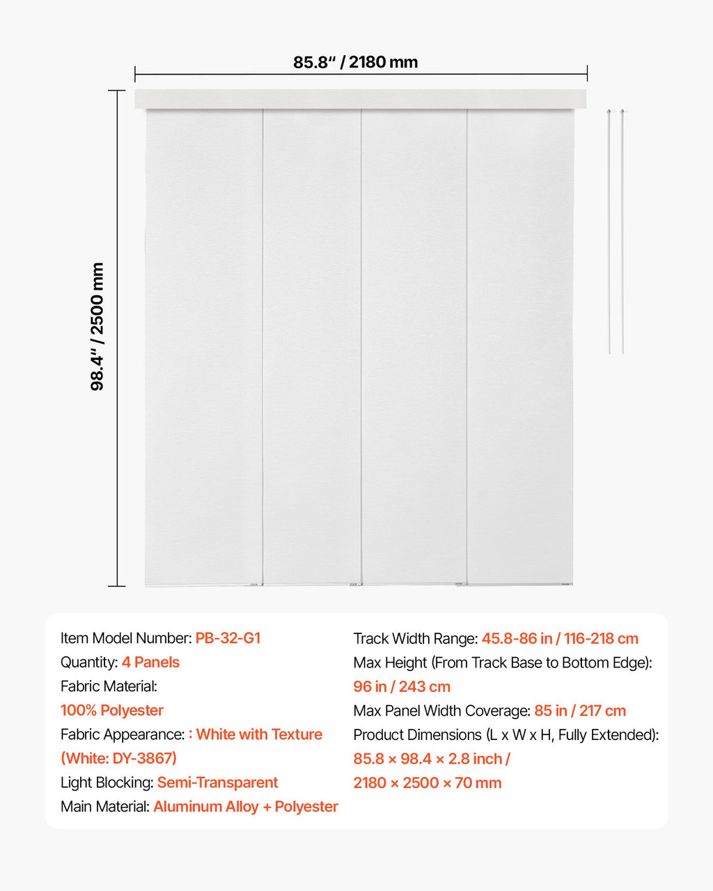 Panelinių užuolaidų sistema VEVOR PB-32-G1, 116–218 cm plotis