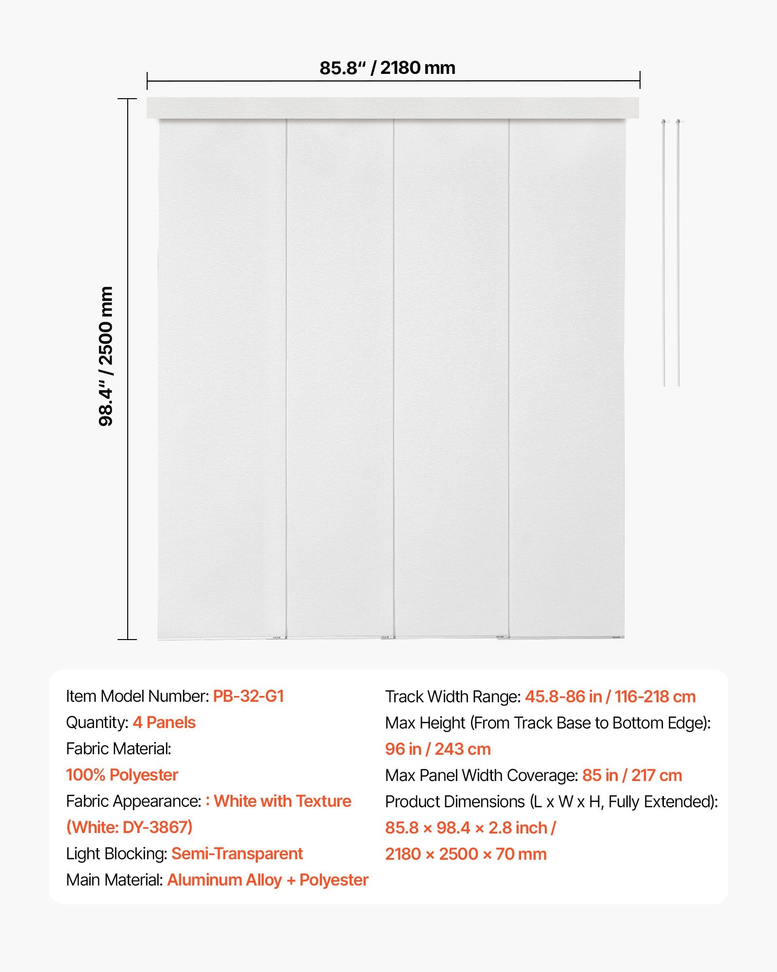 Panelinių užuolaidų sistema VEVOR PB-32-G1, 116–218 cm plotis
