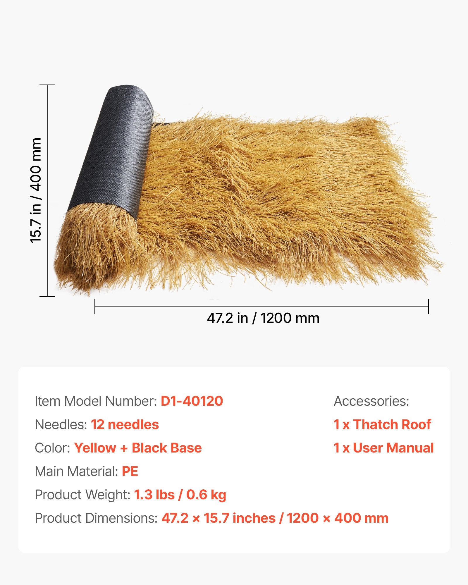 Dirbtinė šiaudinė stogo danga VEVOR D1-40120, 0,4 x 1,2 m