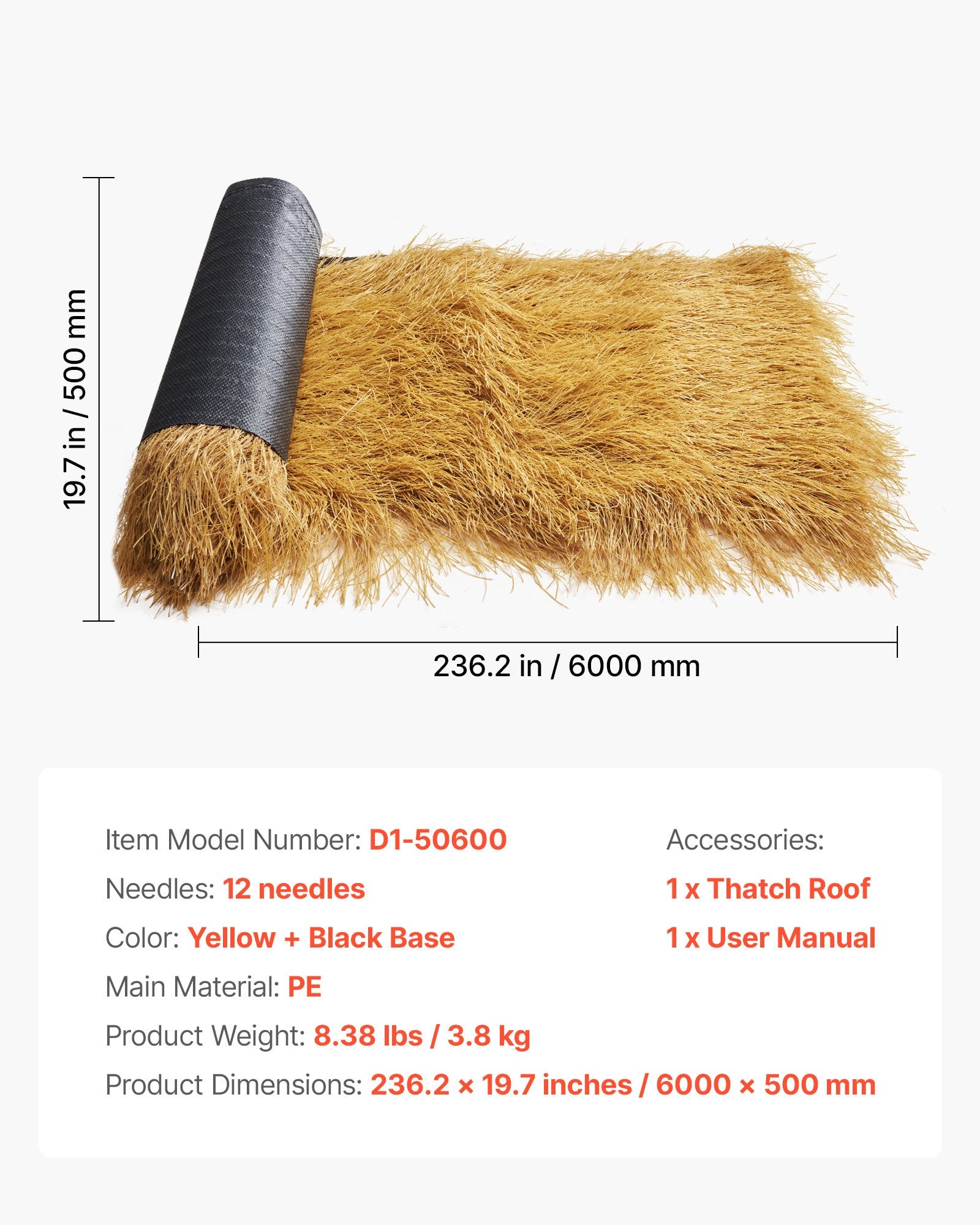 Dirbtinė šiaudų danga VEVOR D1-50600, 0,5 x 6 m