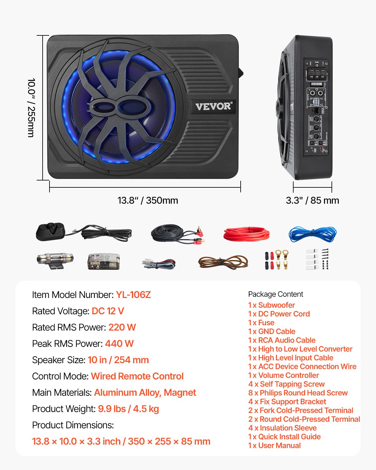 Žemų dažnių garsiakalbis po sėdyne VEVOR YL-106Z, 440W