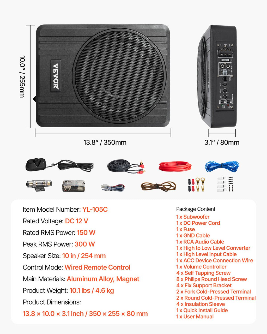 Automobilinė žemų dažnių kolonėlė po sėdyne VEVOR YL-105C, 300W