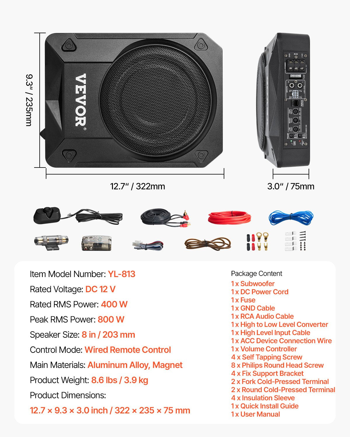 Automobilinė žemų dažnių kolonėlė po sėdyne VEVOR YL-813, 800W