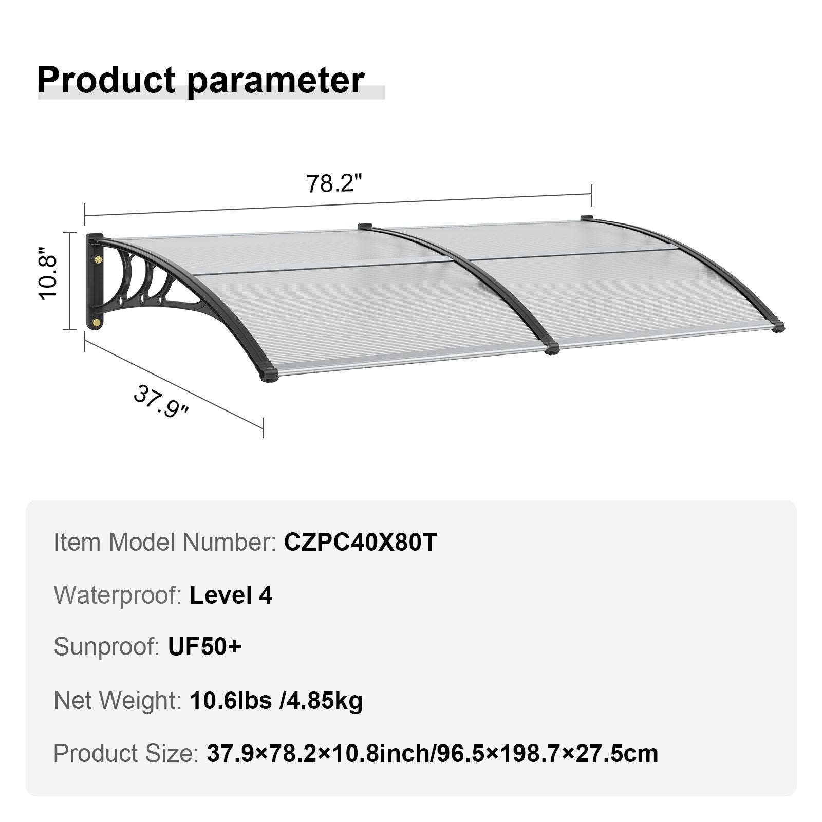 Durų ir langų stogelis VEVOR CZPC40X80T, 101,6 x 203,2 cm