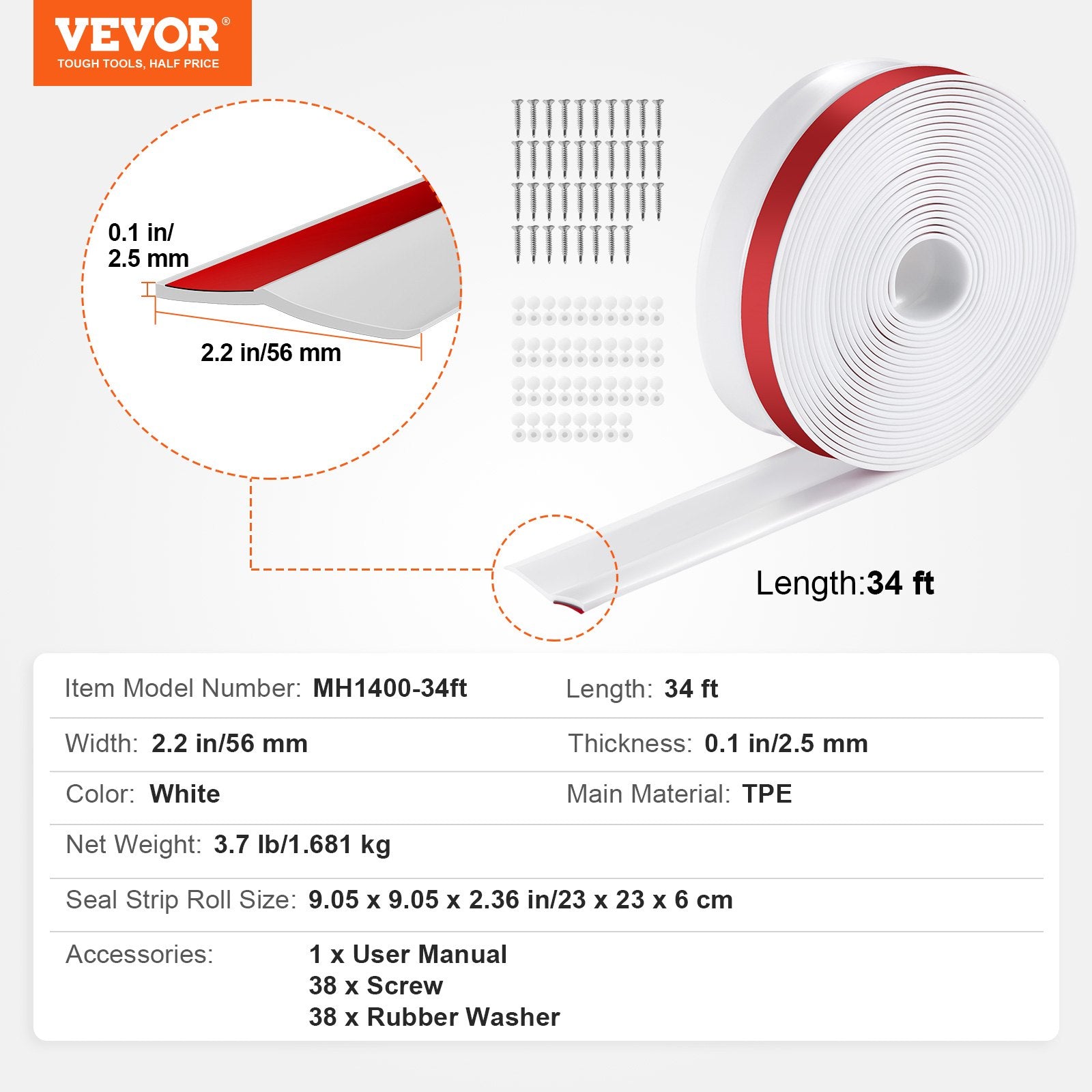 Garažo vartų sandarinimo juosta VEVOR MH1400-34ft, 10,36 m