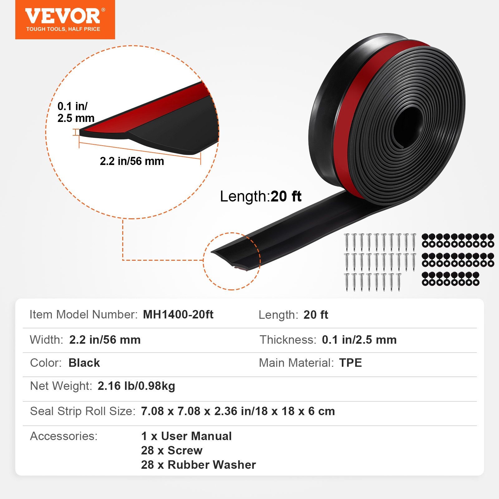 Garažo vartų sandarinimo juosta VEVOR MH1400-20ft, 6,1 m