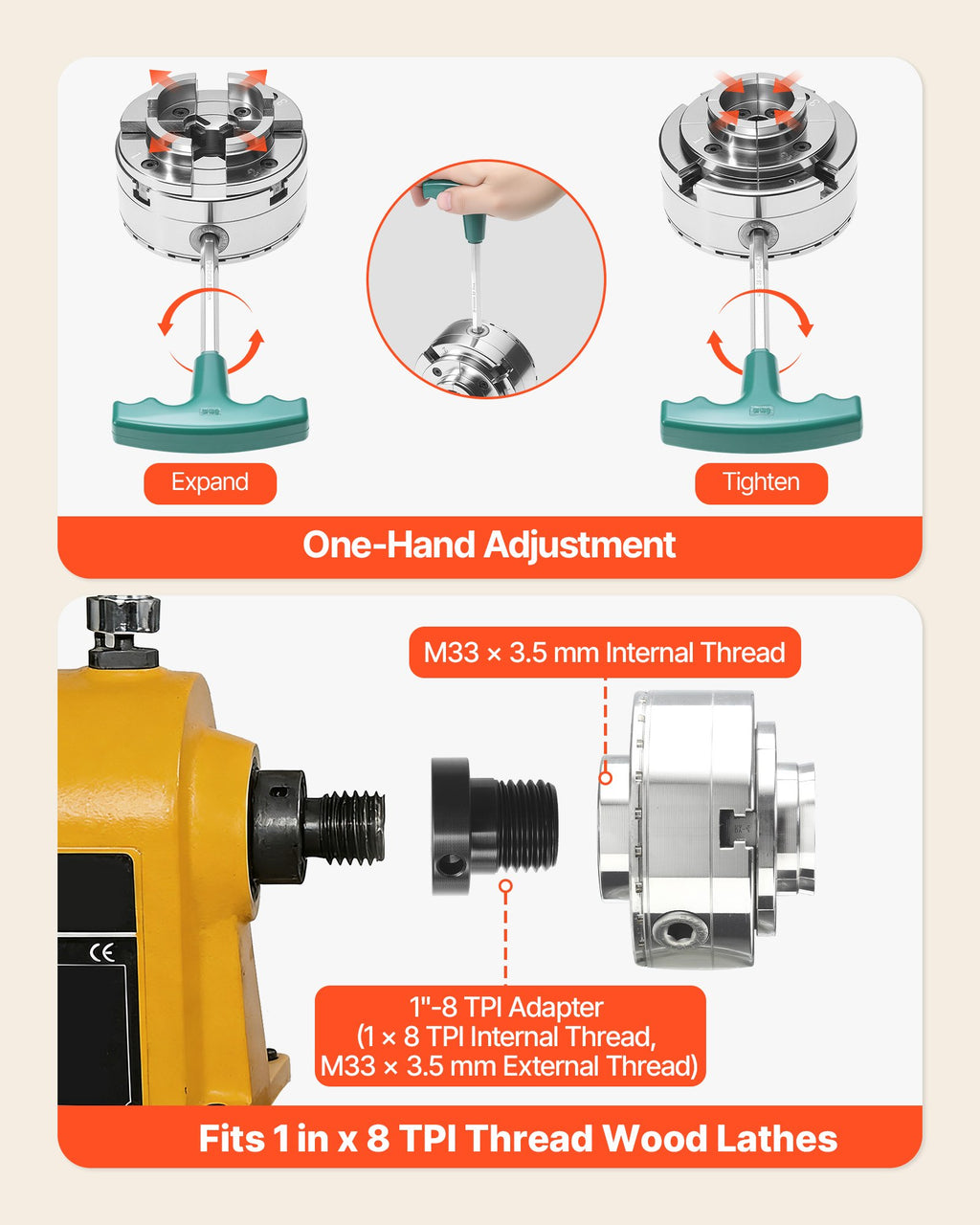 Medžio tekinimo staklių griebtuvas VEVOR CK4-4K-3SET-SS, 102 mm