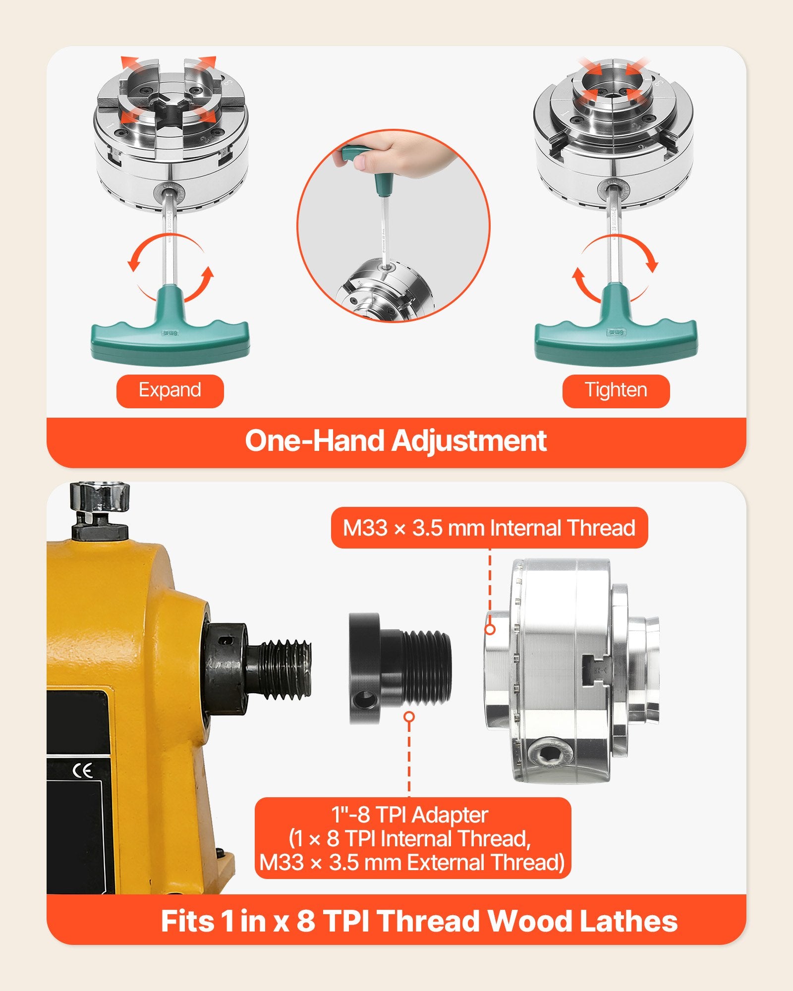 Medžio tekinimo staklių griebtuvas VEVOR CK4-4K-3SET-SS, 102 mm