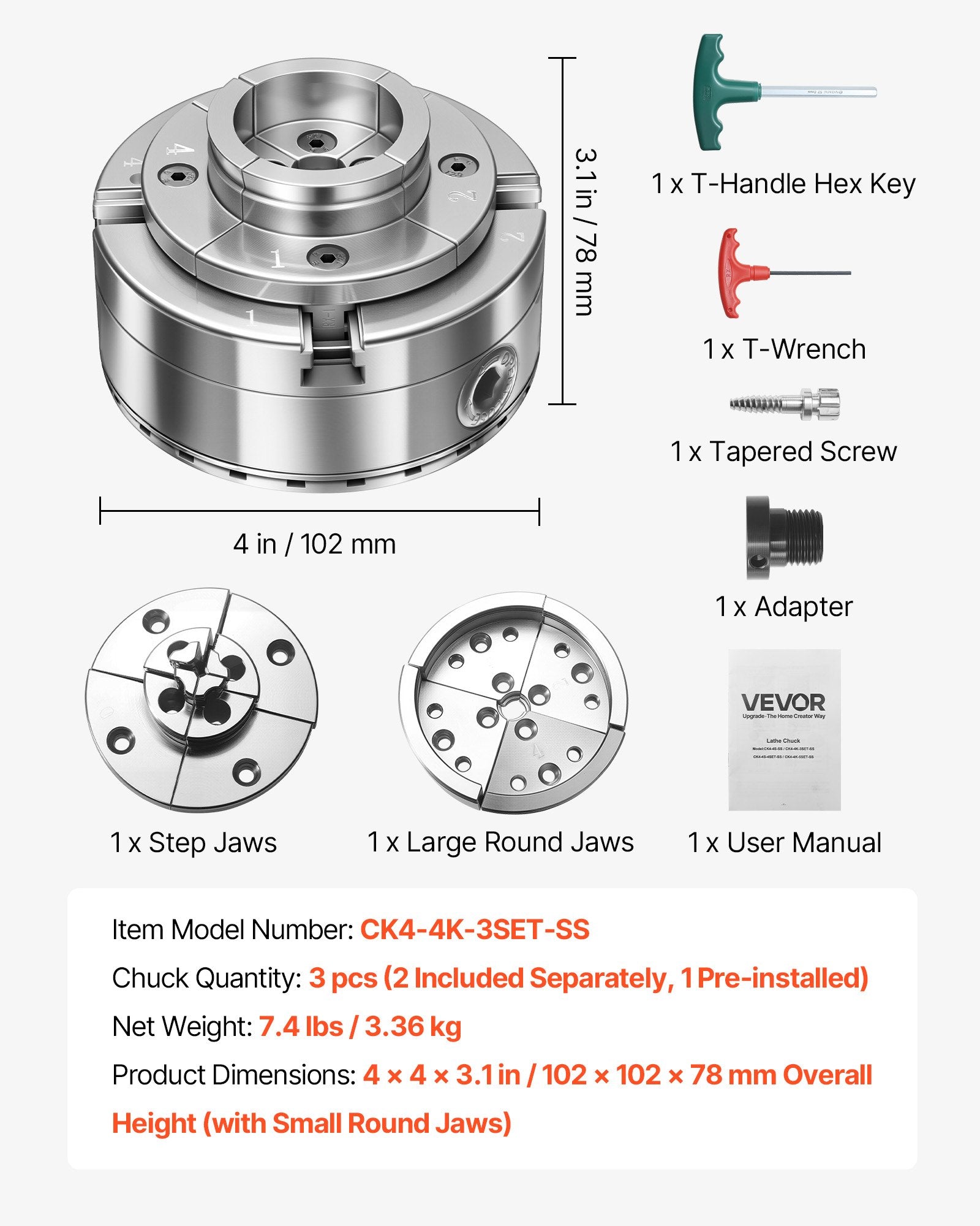 Medžio tekinimo staklių griebtuvas VEVOR CK4-4K-3SET-SS, 102 mm