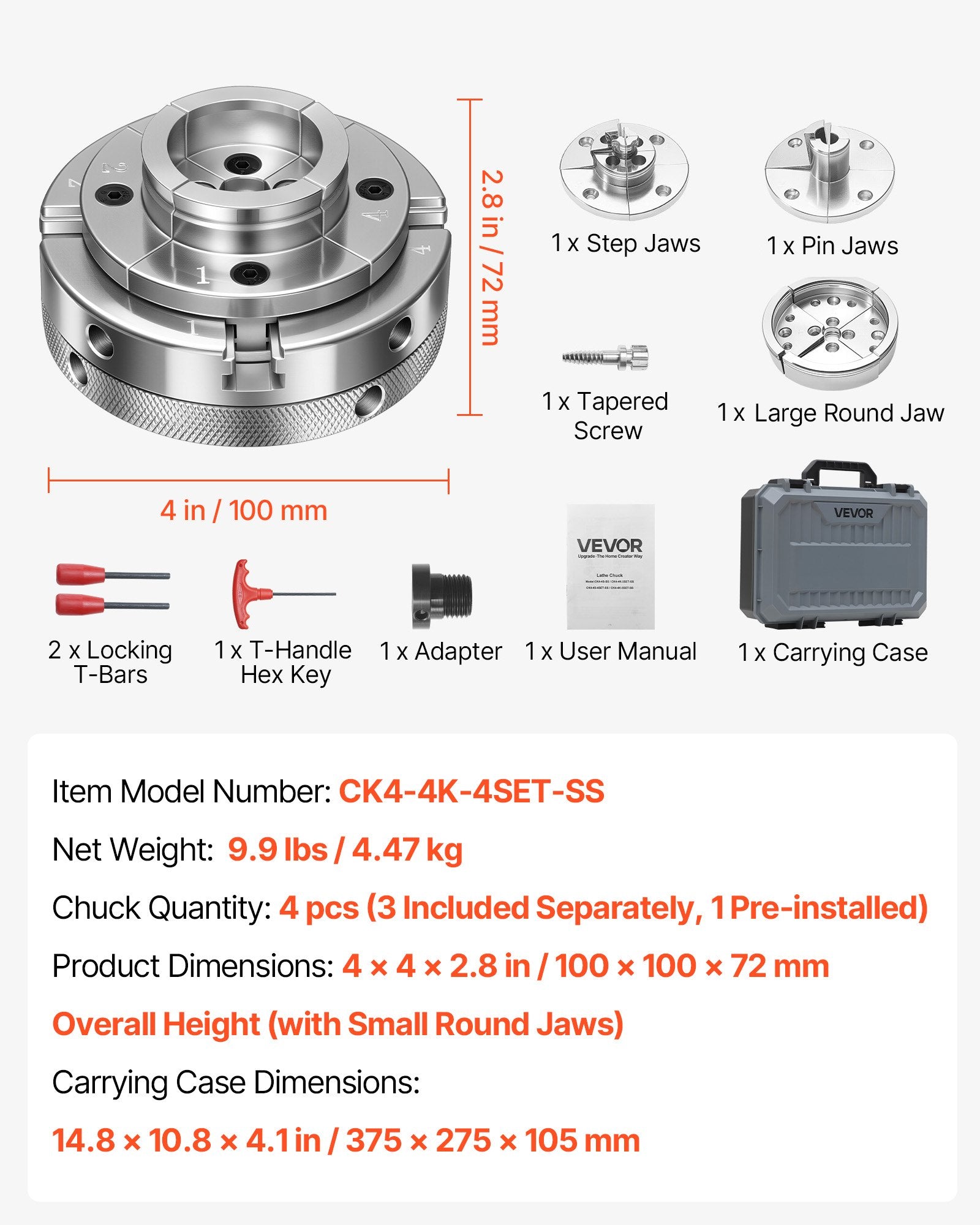 Medžio tekinimo staklių griebtuvas VEVOR CK4-4S-4SET-SS, 100 mm