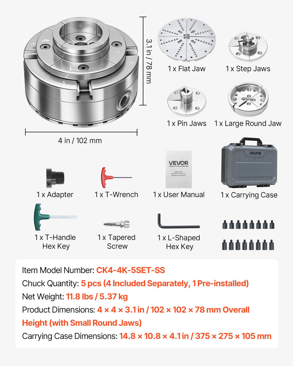 Medžio tekinimo staklių griebtuvas VEVOR CK4-4K-5SET-SS, 102 mm