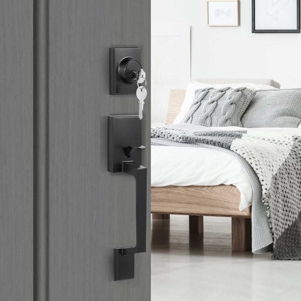 Lauko durų rankenos ir spynos komplektas VEVOR DT1103-BLK, matinė juoda spalva