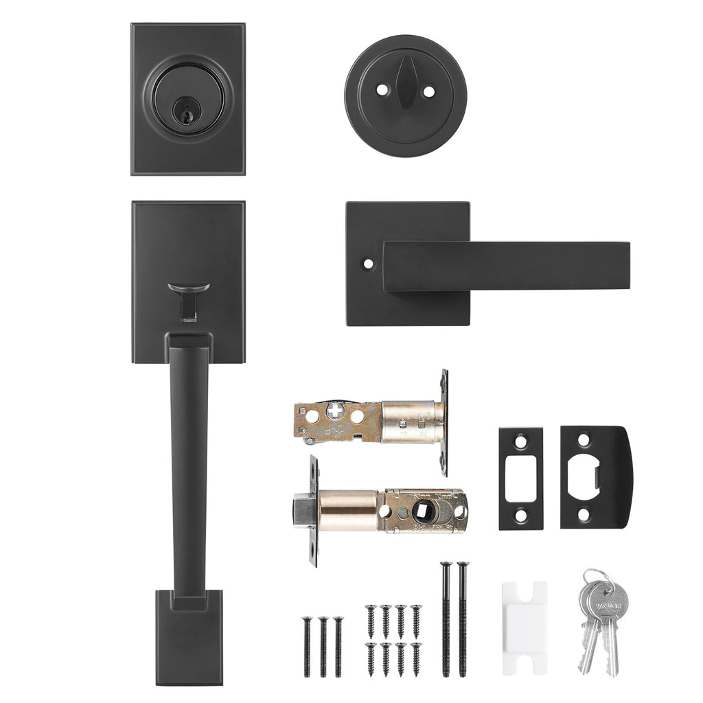 Lauko durų rankenos ir spynos komplektas VEVOR DT1103-BLK, matinė juoda spalva