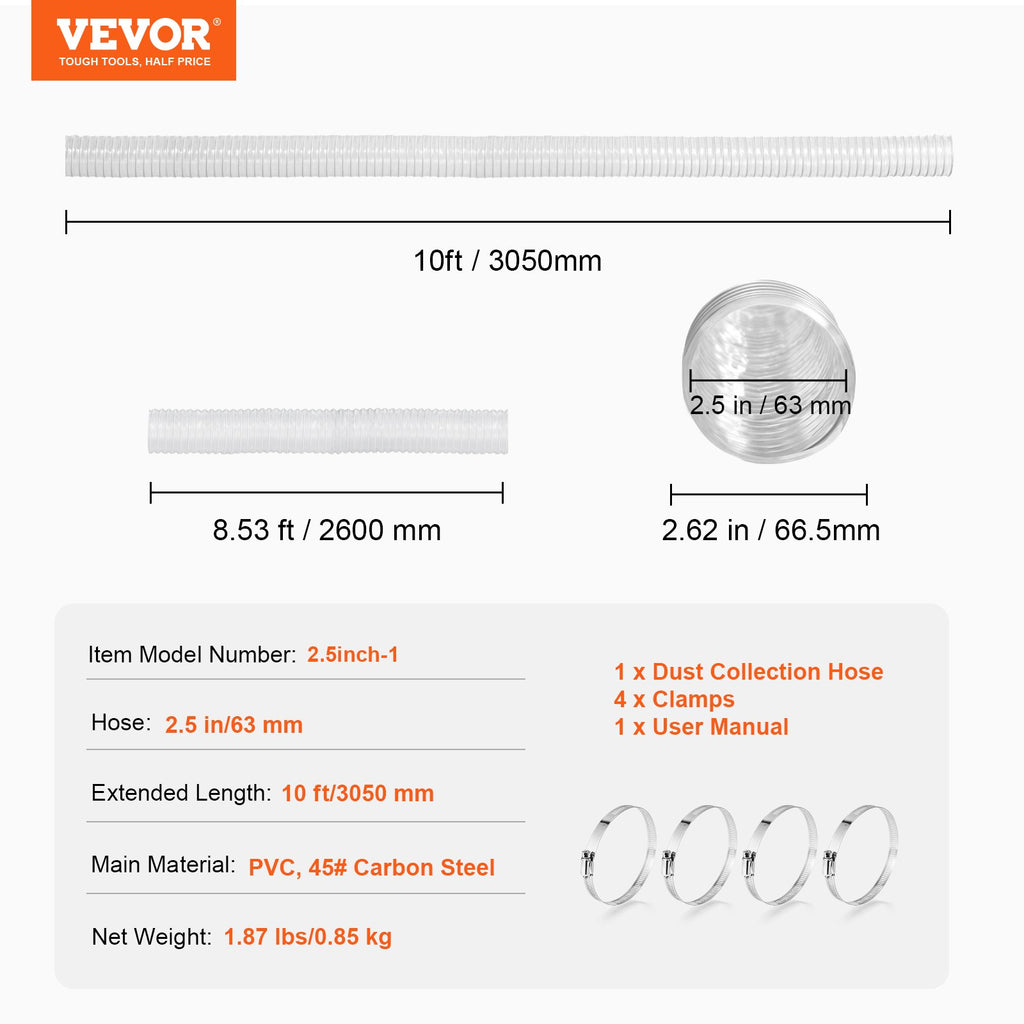 Dulkių nusiurbimo žarna VEVOR 2.5inch-1, 63 mm x 3,05 m